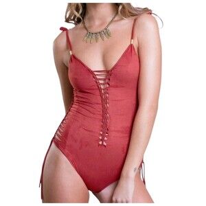 Goa Magic Rust Orange Faux Suede Cut Out Swimsuit Size Small Festival Bodysuit